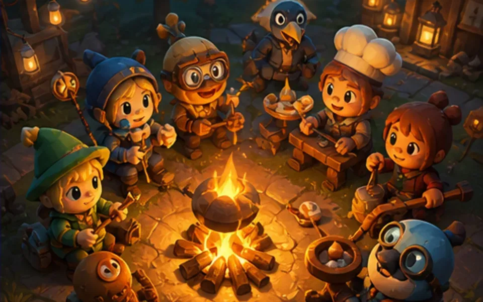 Minh hoạ concept nhóm bạn quanh lửa trại trong Fireside Fumble